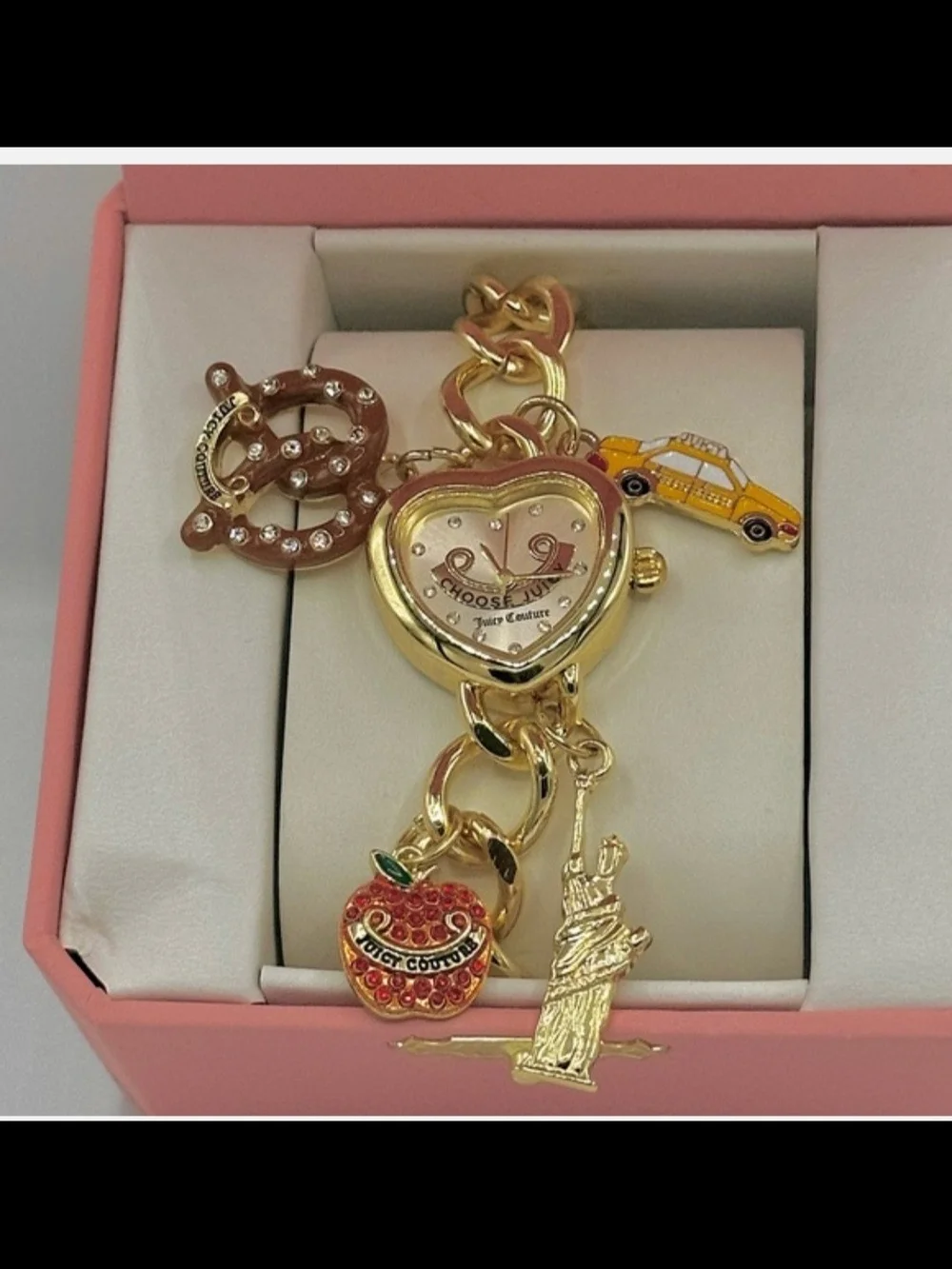 Juicy Couture Gold Heart Charm Bracelet Watch with Pink and Red Accents